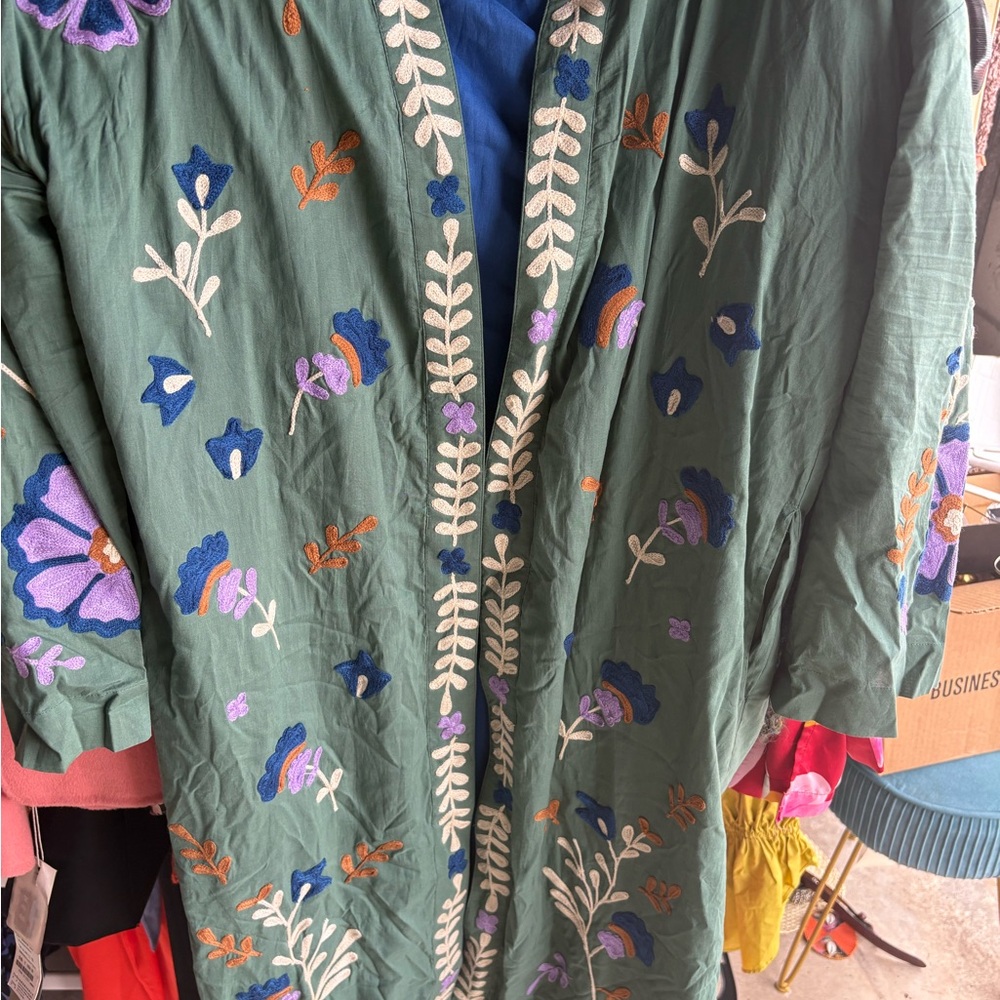 Embroidered Green Floral Duster Coat